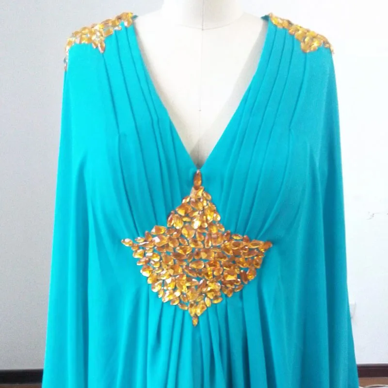 Бирюзовое платье с длинным рукавом мусульманское вечернее модель 2018 украшение