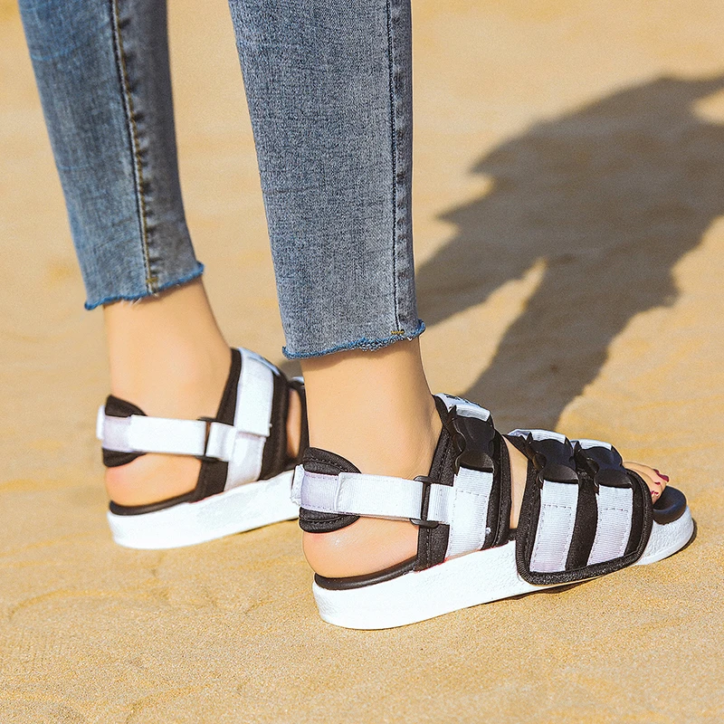 

2019 Summer Flock New Fashion Women Handmade Sandals Open Toe Sandals High Quality Med Heels Woman Buckle Strap Casual Shoes