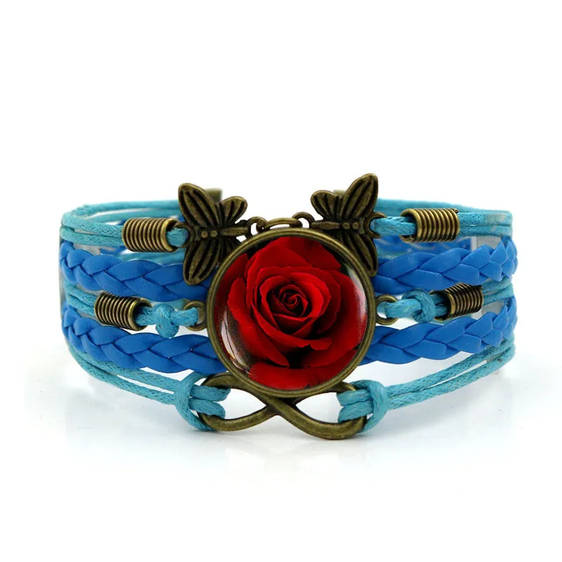 Многослойный кожаный плетеный браслет ручной работы с красной розой для девочек