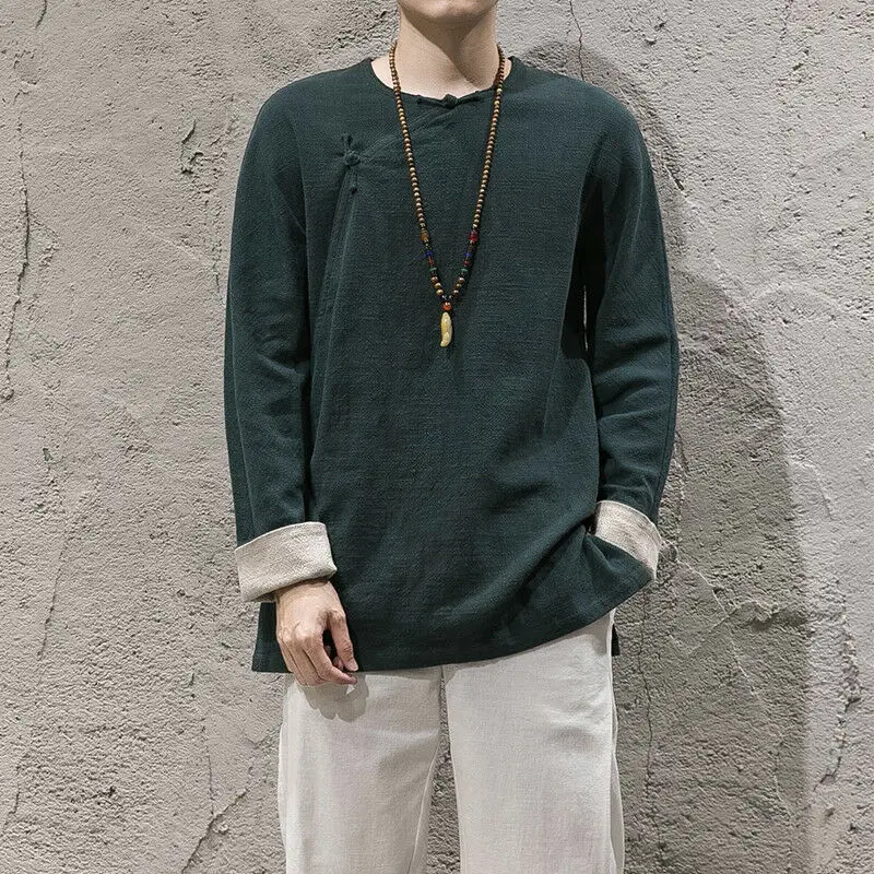 Men's Chinese Retro Cotton Linen Casual Comfy Blouse Kung Fu Shirts Tops