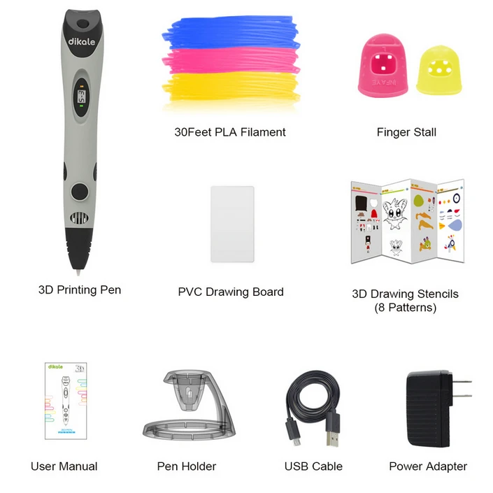 Gray UK Free 9m PLA Dikale 3D Ручка для печати USB Canetas Criativa 7-го поколения Impresora Magica 3D Ручка для рисования струбцина нить PLA подарок для детей и взрослых - Цвет: Gray UK Free 9m PLA