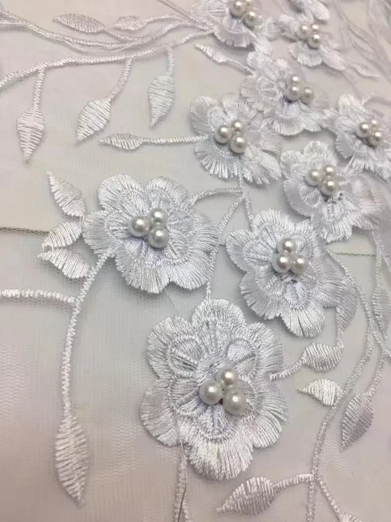 Белый цвет африканский тюль Кружево Ткань 3D с вышитыми цветами в нигерийском