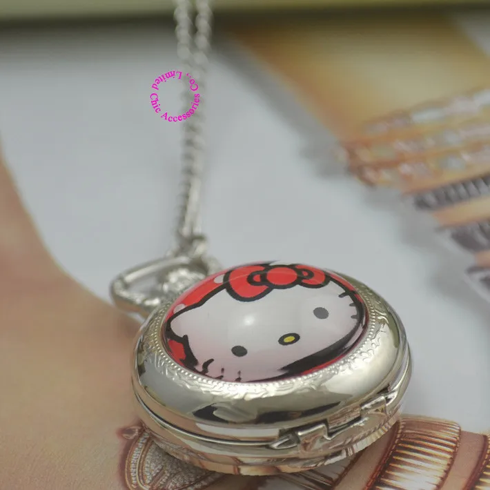 Модные карманные часы hello kitty, ожерелье, женские брелоки, часы hellokitty, черные круглые выпуклые линзы, стеклянная для фотографии, милая леди