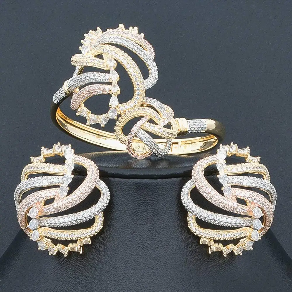 Женский комплект из колье браслета серёг и кольца 3 тона|Ювелирные наборы| |