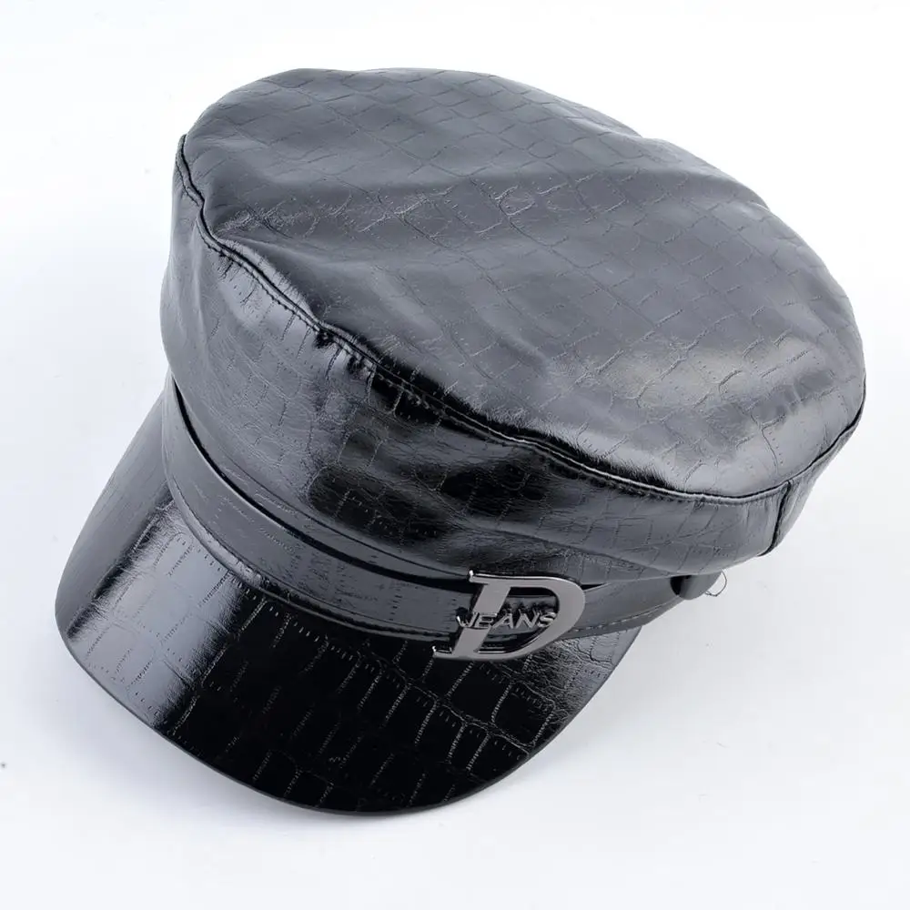 Кепки в стиле милитари из искусственной кожи женский зимний плоский берет