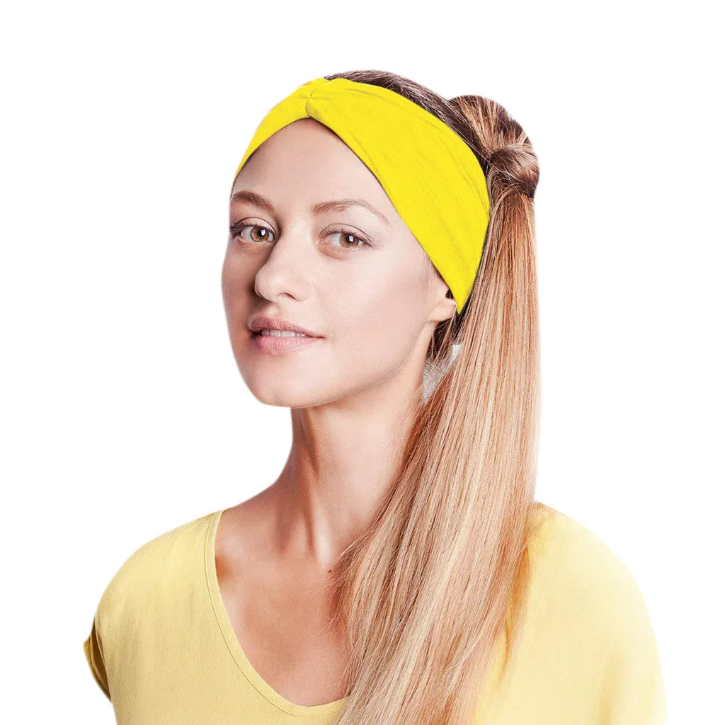 Yellow Повязки На Голову женские белые хлопок тюрбан с узлом на голову повязка на голову широкая эластичная повязка на голову спортивные аксессуары для волос для йоги-30 - Цвет: Yellow