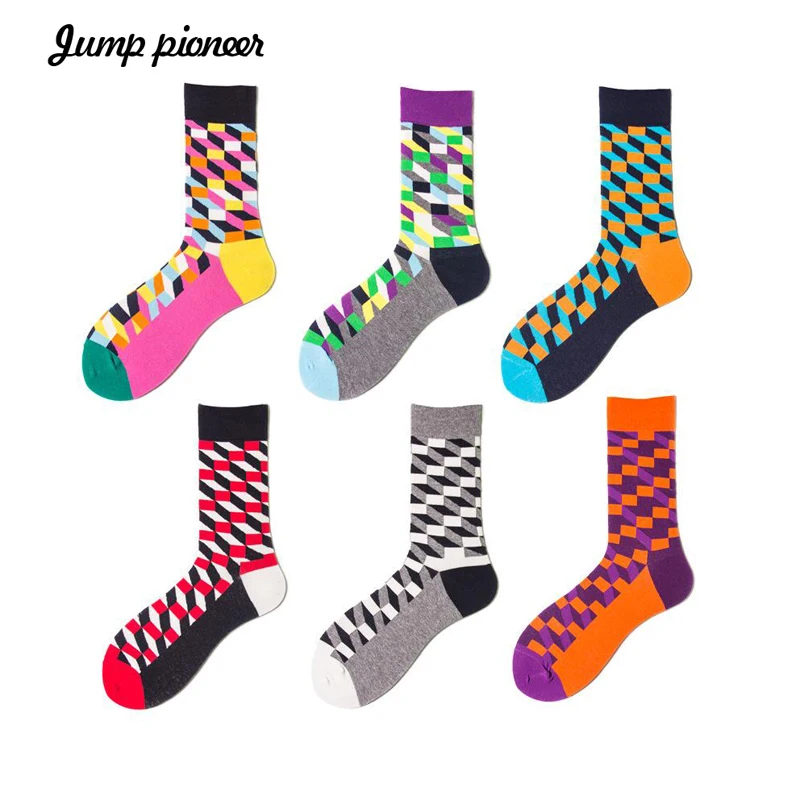 Jump Pioneer Men Socks Colorful British Style Happy Cotton Wedding Gradient Diamond Novelty Dress Crew | Мужская одежда