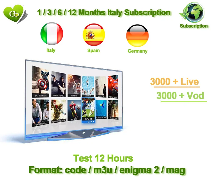 Италия IP ТВ подписки 1/3/6/12 месяцев для Android ТВ Box smart ТВ mag для Италия Бельгия Германия Великобритания Испания IP ТВ 4000 live vod ТВ