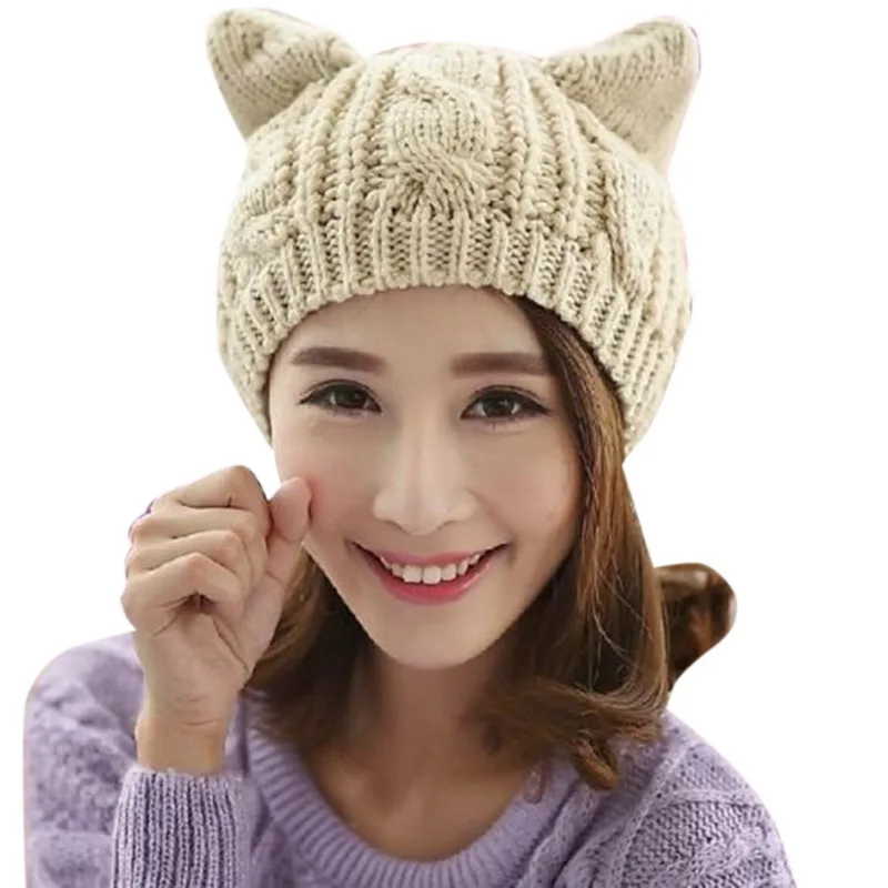 Laamei Women Beanie Devil Horns Winter Cat Ear Crochet Braided Knit Wool Cap Hat Woem Knitted Harajuku Kawaii Ears | Аксессуары для