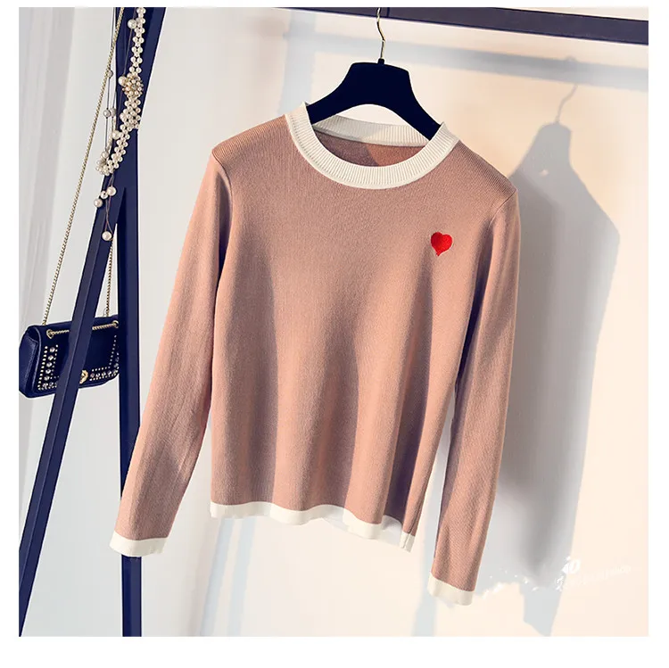 2018 Spring Autumn Knitted Women Sweater Fashion Casual Pullover Jumper O-Neck Outwear Embroidery Heart Shape Female | Женская одежда