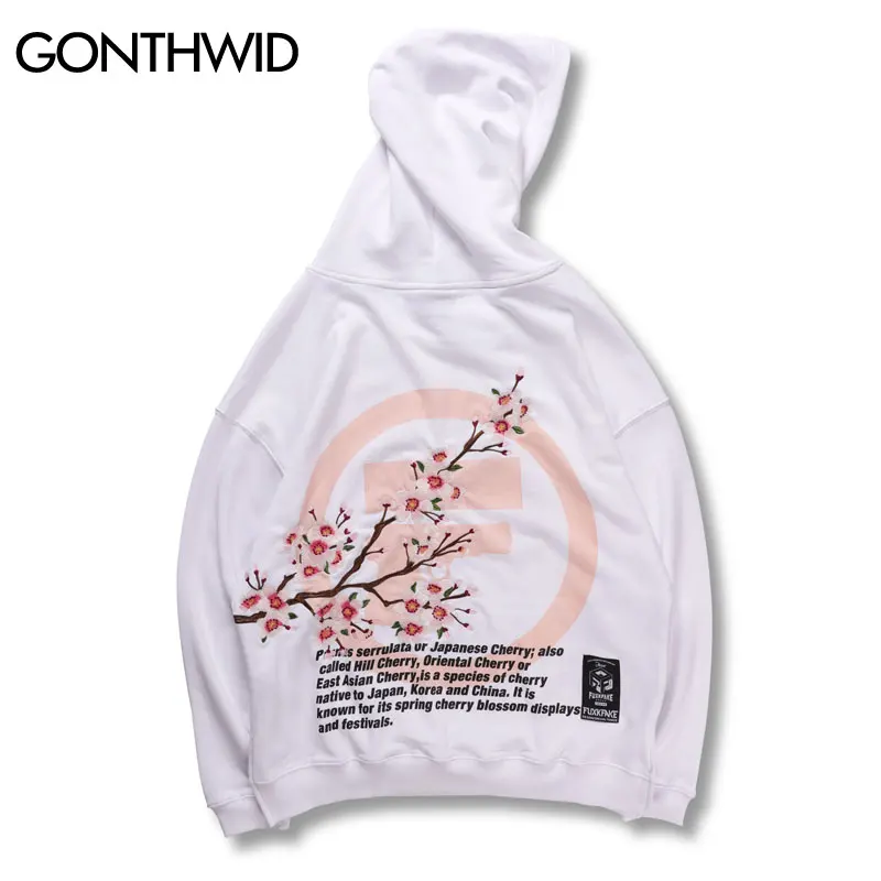GONTHWID вышитые цветы вишни толстовки с капюшоном рисунком Harajuku Хип Хоп пуловер