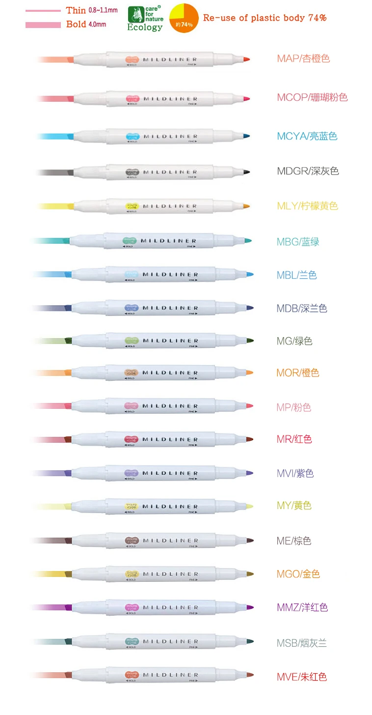Японские канцелярские принадлежности Zebra Mildliner двухсторонний хайлайтер тонкий/Bold 20 цветов флуоресцентная ручка крюк ручка маркер, фломастер