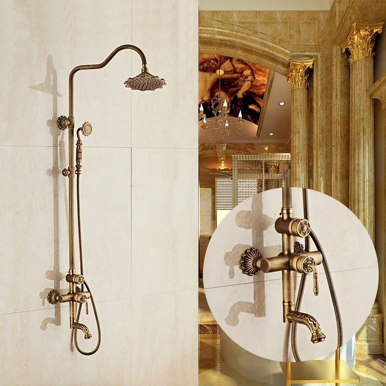 

Luxury Antique Brass Carving Rainfall Shower Sets Faucet Mixer Tap With Tub Faucet Brass Bath & Shower Faucet Set Bathtub Faucet