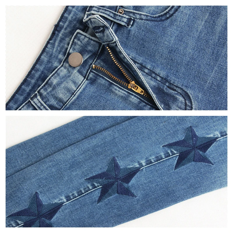 Женские джинсы с узорами 2017 осенние зимние облегающие эластичные синие карандаш