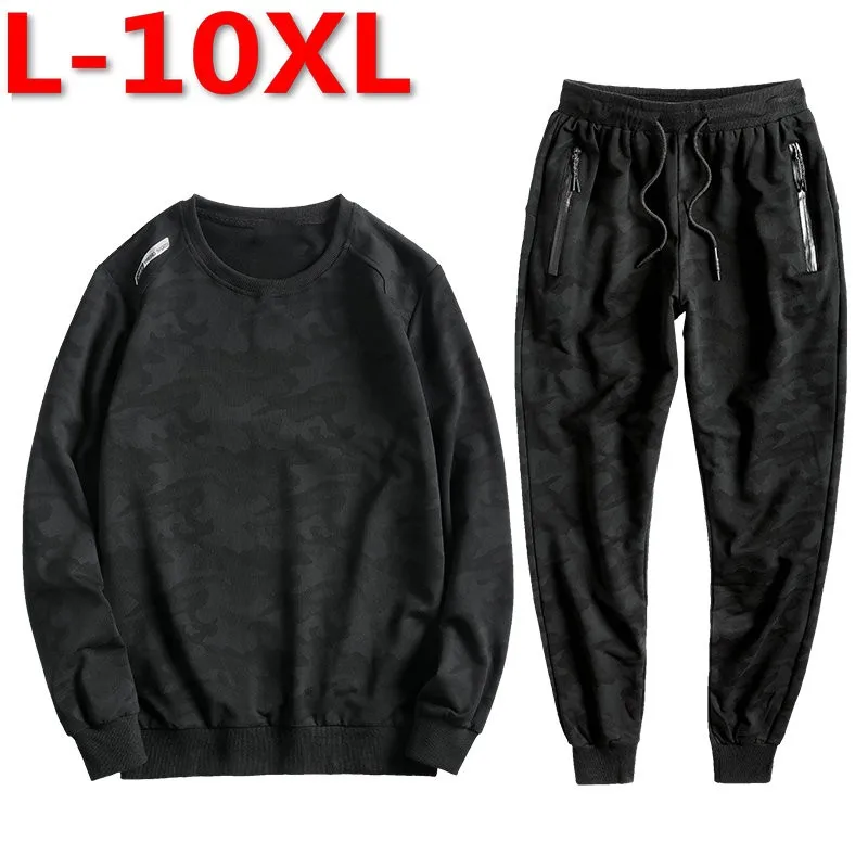 Plus size L-7xl 8xl 9xl 10xl men casual clothing loose camouflage large o-neck long-sleeve hiphop sweatshirt sets two piece | Мужская