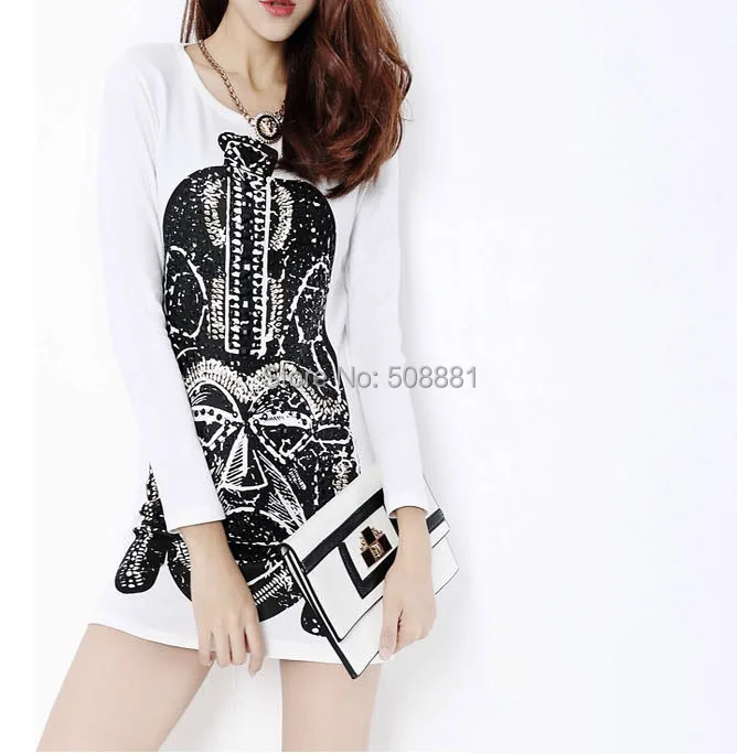 Платье свободного покроя винтажный длинный рукав женщины хлопок Sequine тотем принт