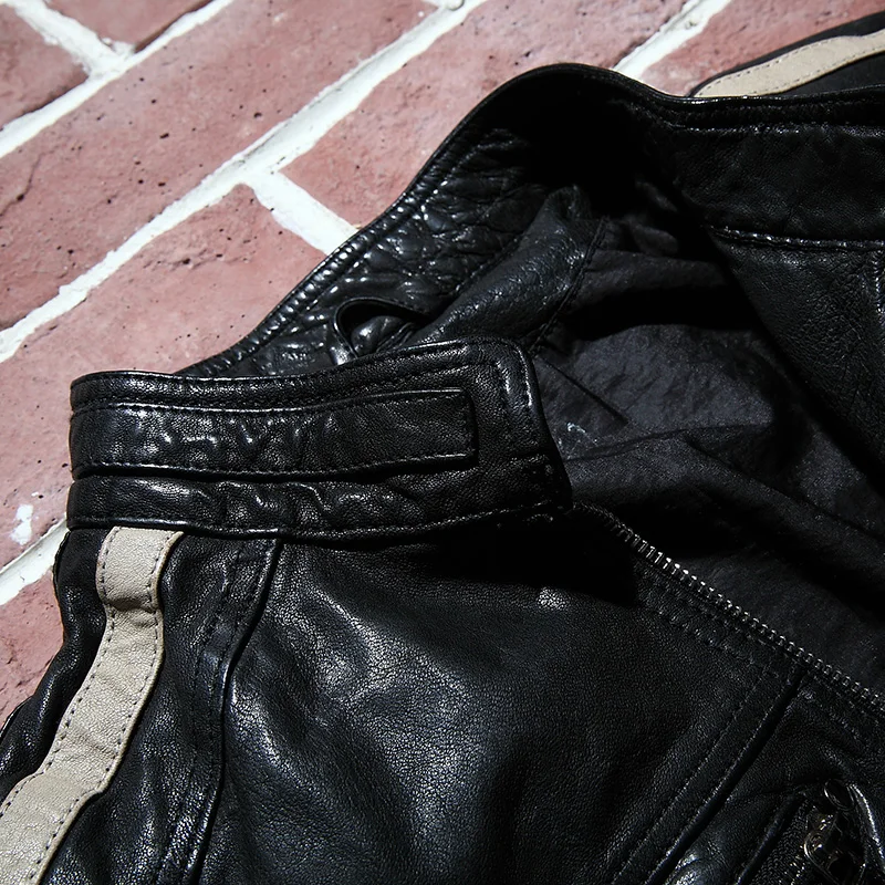 Motorcycle leather men's thin jacket Slim Korean version of vegetable tanned sheep handsome | Мужская одежда