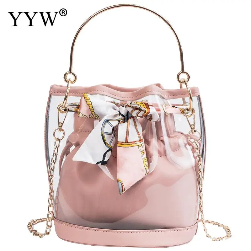 

YYW Metal Handle Handbags Female Fashion Pvc Bag With Jelly Color Bucket Bag Purse 2 Piece Clutch Shoulder Bags bolsa feminina