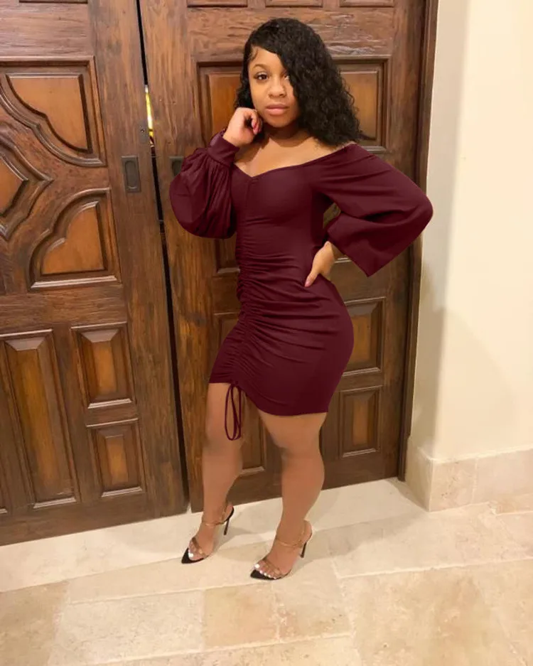 Fashion Draped Sexy Mini Dress Spring Solid Bodycon Bandage Vestidos Femme LS6115 | Женская одежда