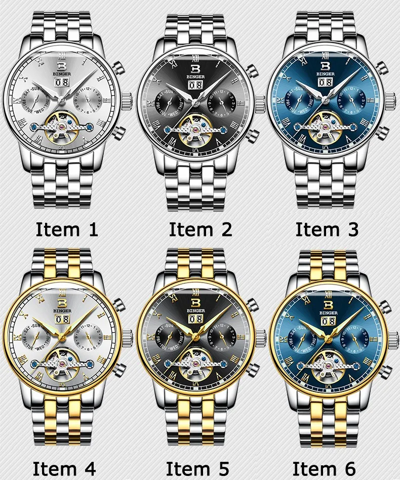 Швейцарские Бингер мужские часы люксовый бренд Tourbillon fulll из нержавеющей стали водонепроницаемые механические наручные часы B-8604-6