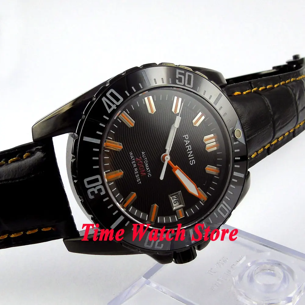Часы Parnis 43 мм черный циферблат сапфировое стекло Керамическая рамка PVD Diver