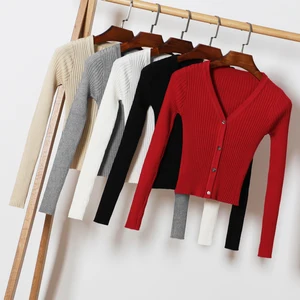 Женский вязаный кардиган с V-образным вырезом, короткий эластичный свитер с длинным рукавом, весна-осень