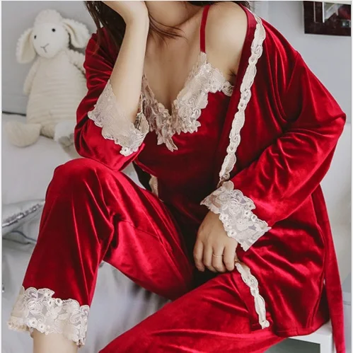 style 3 red Новая осенне-зимняя кружевная Женская пижама с v-образным вырезом, сексуальное нижнее белье, наборы, кружевная Пижама, бархатная Пижама, толстая домашняя одежда - Цвет: style 3 red