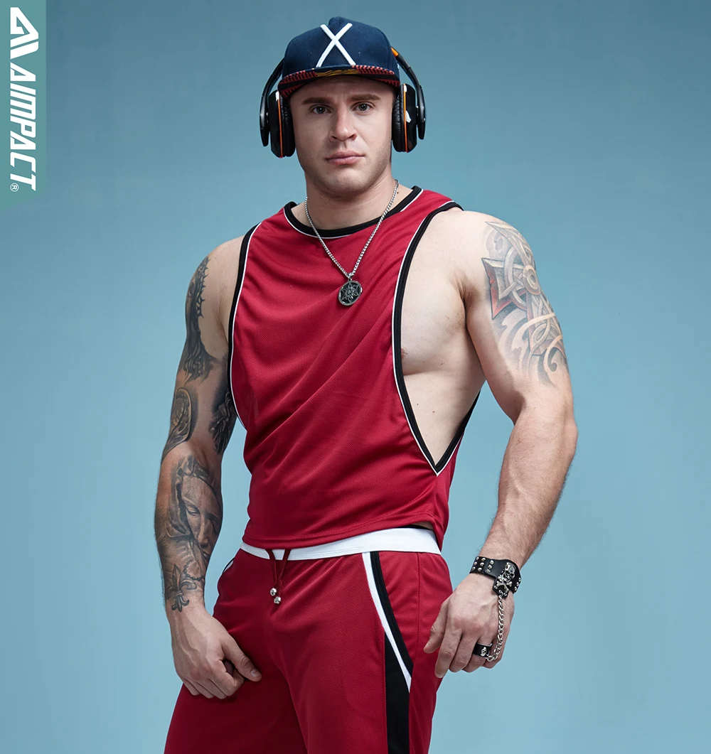 Aimpact Men's Vigor Tank Tops Fitness Bodybuiding Clothing Low Cut Side Arm Holes Mesh Activewear Summer Vest Tank Tops SXB051