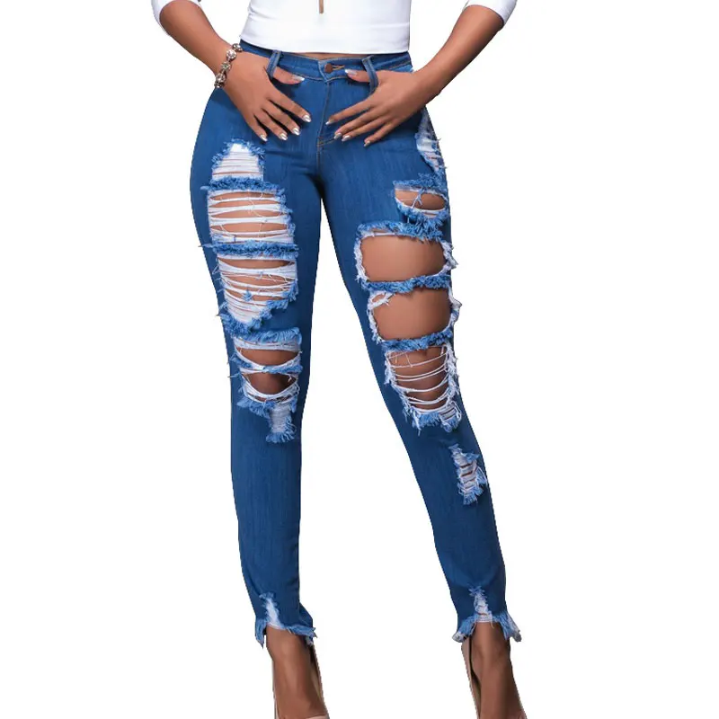 Женские рваные джинсы с завышенной талией длинные узкие карандаш полной длины