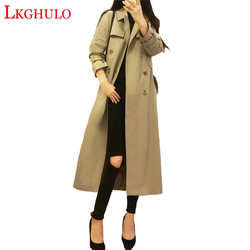 2018 Khaki Caramel colour Long Trench Coat Women Vintage Military Belts Double Breasted Female Overcoat British Styl W378 | Женская