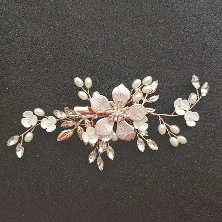 Rose Gold Hair Clip SLBRIDAL Стразы ручной работы Стразы Жемчуг Цветок Свадебные украшения гребень для волос свадебные головные уборы аксессуары для волос подружки невесты - Окраска металла: Rose Gold Hair Clip