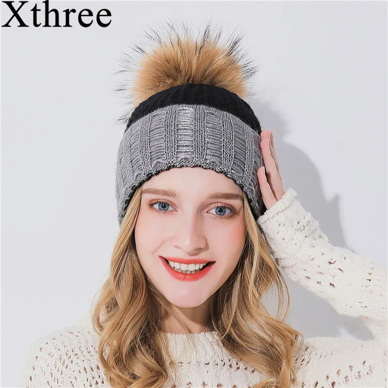 Вязаная шапка Xthree из кашемира для девочек теплая с помпоном меха норки зимняя