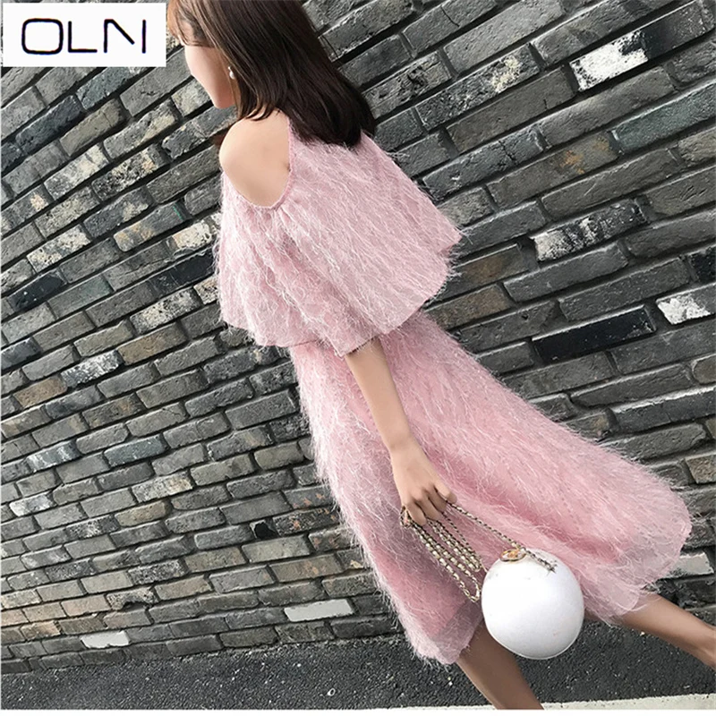 Платье в Корейском стиле сезон весна лето пояс для похудения круглый вырез рукав