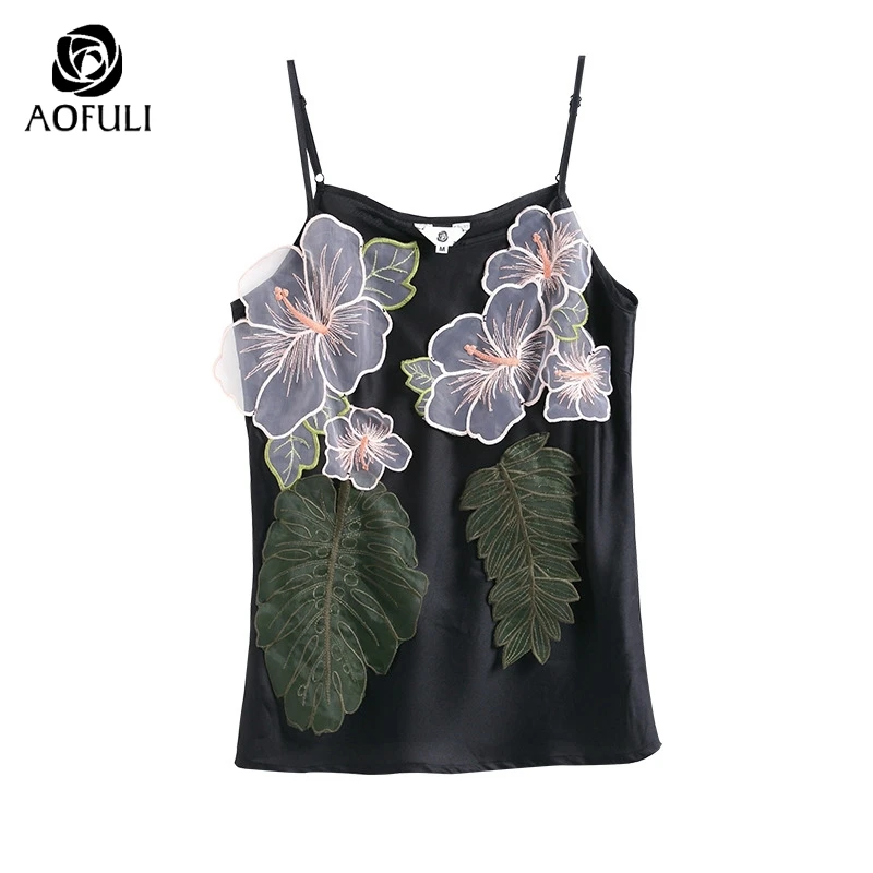 Размер L модный топ с вышивкой больших цветов на бретелях сексуальный