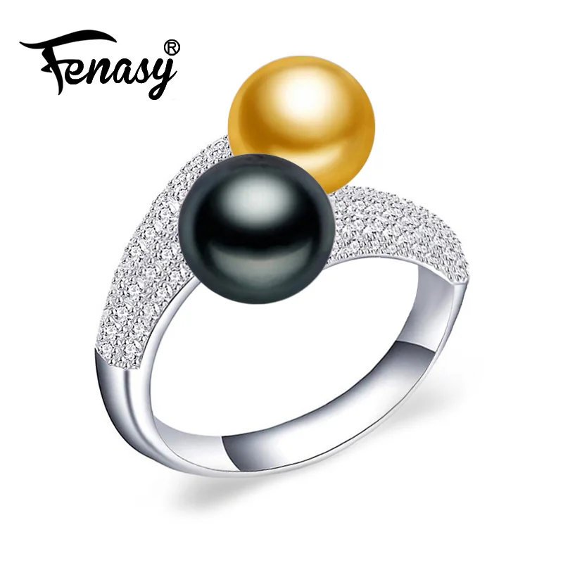 FENASY, 925 пробы, серебряные кольца с двойным жемчугом для женщин, любовь, роскошный кубический цирконий, обещающее регулируемое кольцо, ювелирные изделия с черным жемчугом - Цвет камня: E