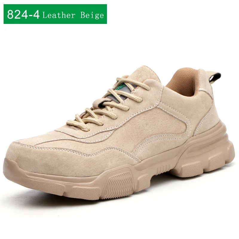 Leather Beige Летняя мужская легкая дышащая безопасная обувь со стальным носком с резиновой подошвой сапоги для термозащиты модная защитная Рабочая обувь - Цвет: Leather Beige