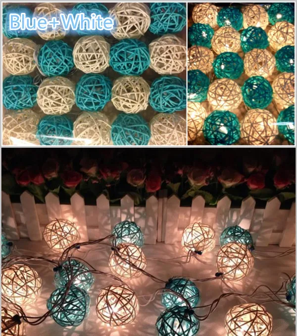 Blue and white 20 шт./компл., цвет: черный, серый, белый, Микс ручной работы ротанга шарики гирлянды Фея вечерние гирлянда Патио Декор ночника - Цвет: Blue and white