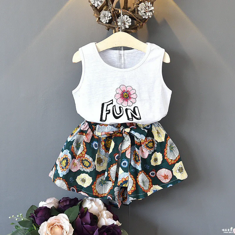 2pcs/sets Casual Kids Clothing Baby Girls Clothes Sets Summer Flower Printed Girl Vest + Shorts Suits Children's | Детская одежда и