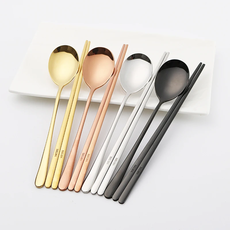 Новый Хаши черный 18/10 из нержавеющей стали корейские палочки для еды ложка Набор