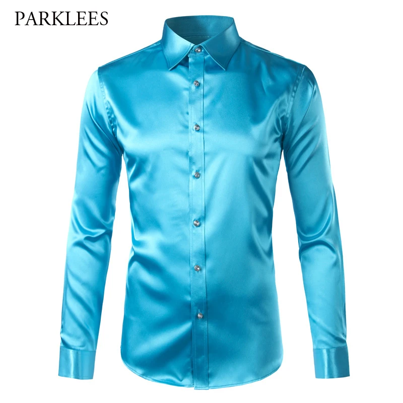 Трендовая шелковая атласная Мужская рубашка с длинным рукавом Chemise Homme модная мужская приталенная рубашка из искусственного шелка на пуговицах