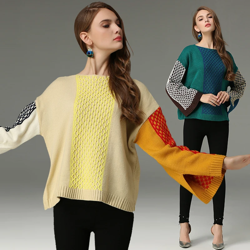 2020 New Autumn Winter Women Sweater Fashion Color Patchwork Twist Knitted Pullover Coat Runway | Женская одежда