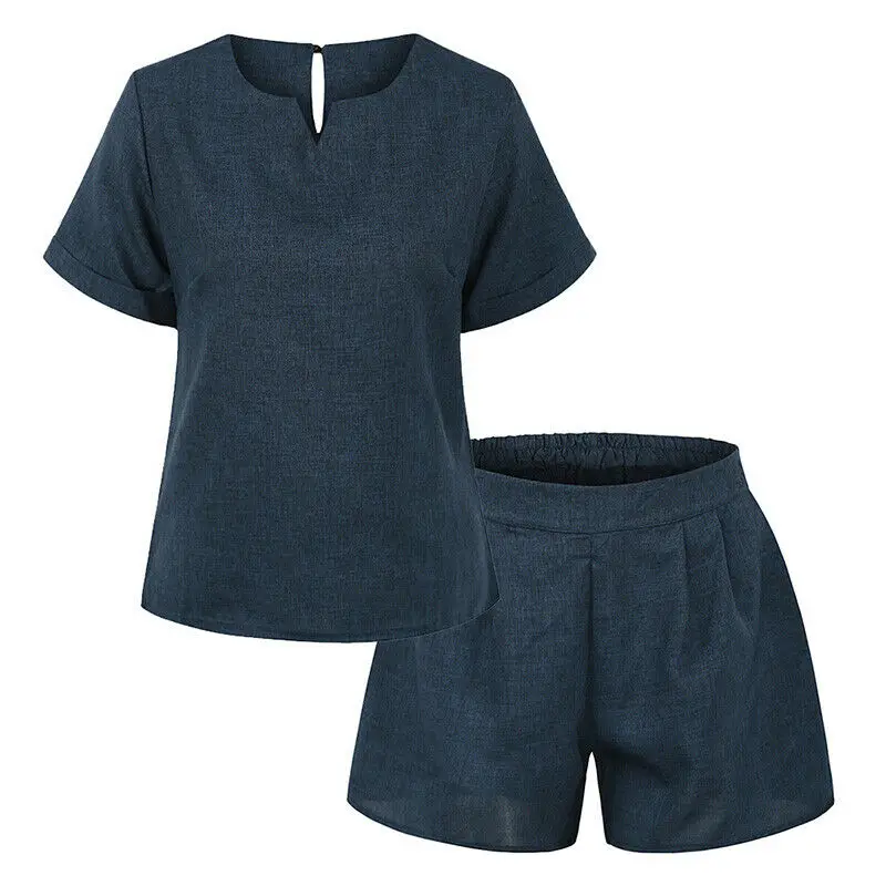 Women Roll-up Short Sleeves Tops + Elastic Waist Shorts for Summer C55K Sale |