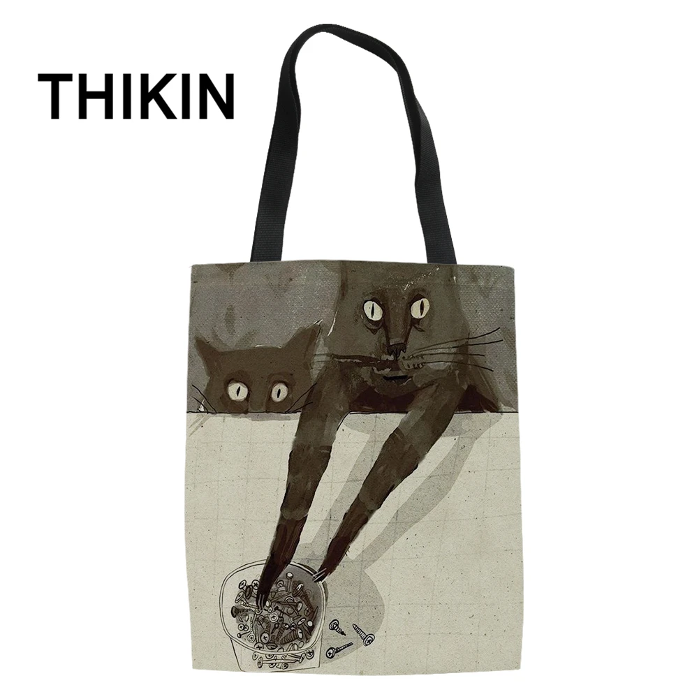 As Picture THIKIN Tote Женская Повседневная сумка с милым мультяшным цветком котом большая Холщовая Сумка на плечо Студенческая посылка для хранения книг складная сумка для покупок - Цвет: As Picture