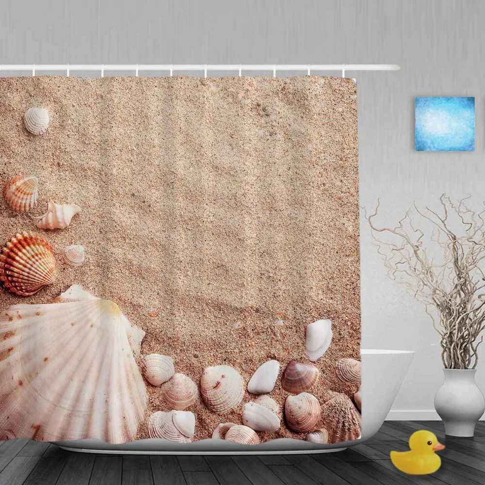 

Beautiful Seaside Scenery Bathroom Shower Curtain Shell On Sand Decor Shower Curtains Waterproof Polyester Fabric With Hooks
