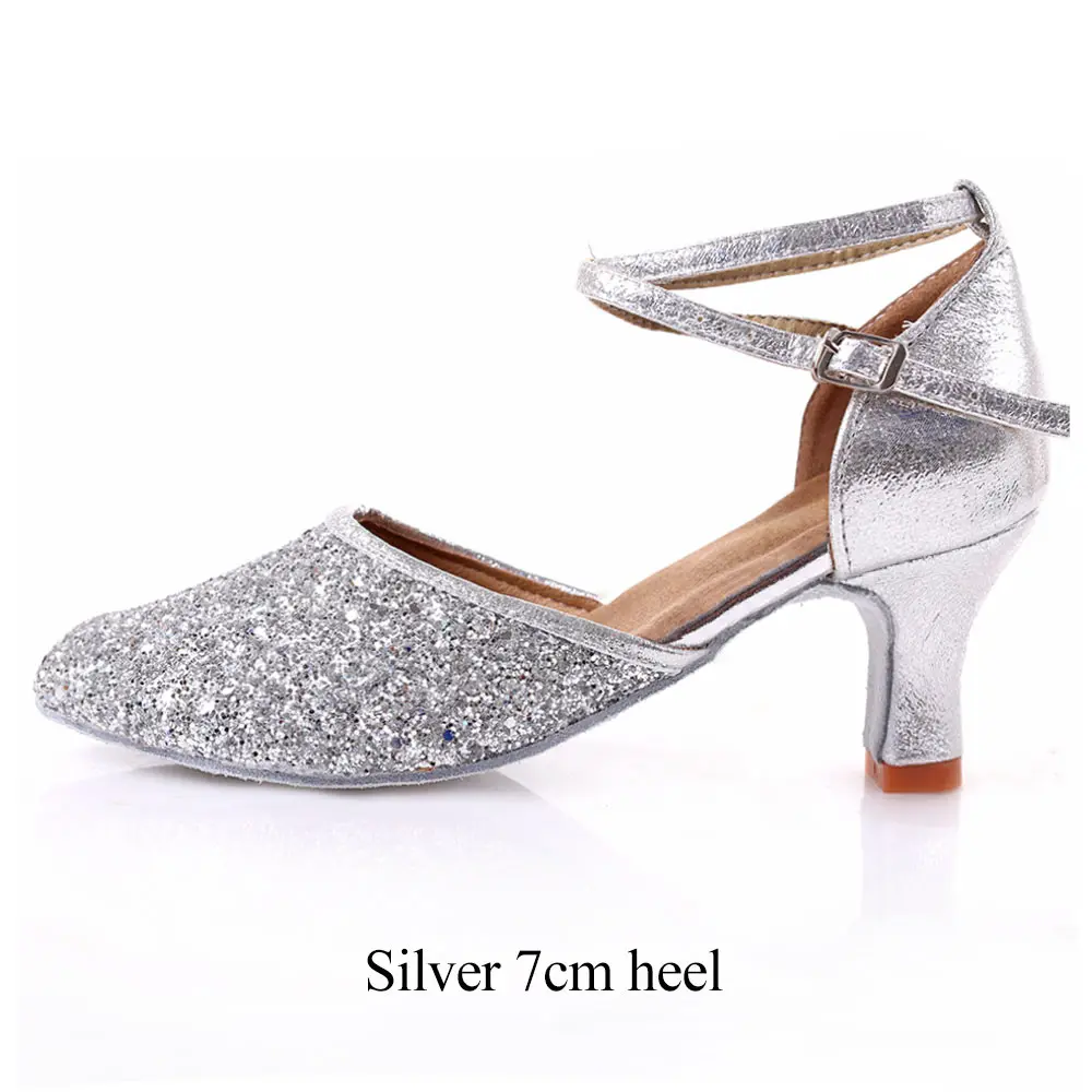 Silver 7cm heel Женская танцевальная обувь с закрытым носком для латинских танцев/Танго, на высоком каблуке 5/7 см, для женщин/девочек, для бальных танцев, сальса, Современная обувь для выступлений, мягкая подошва - Цвет: Silver 7cm heel