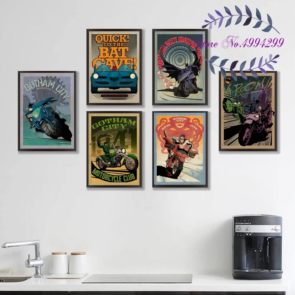 Бэтмен Готэм Сити мотоклуб мультфильм плакат холст Художественная печать