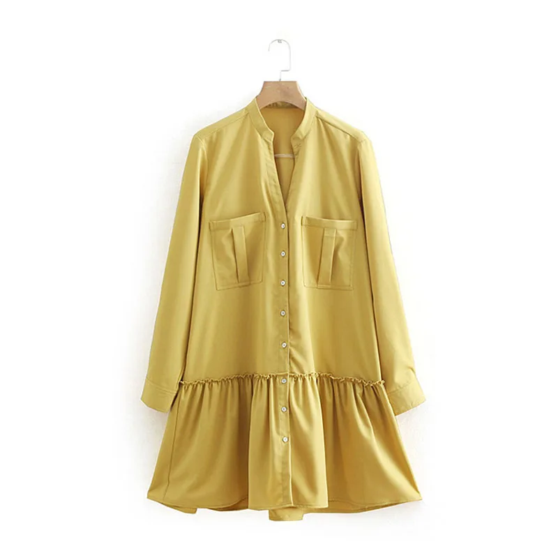 2019 модная весенняя женская желтая рубашка со складками и воротником-стойкой
