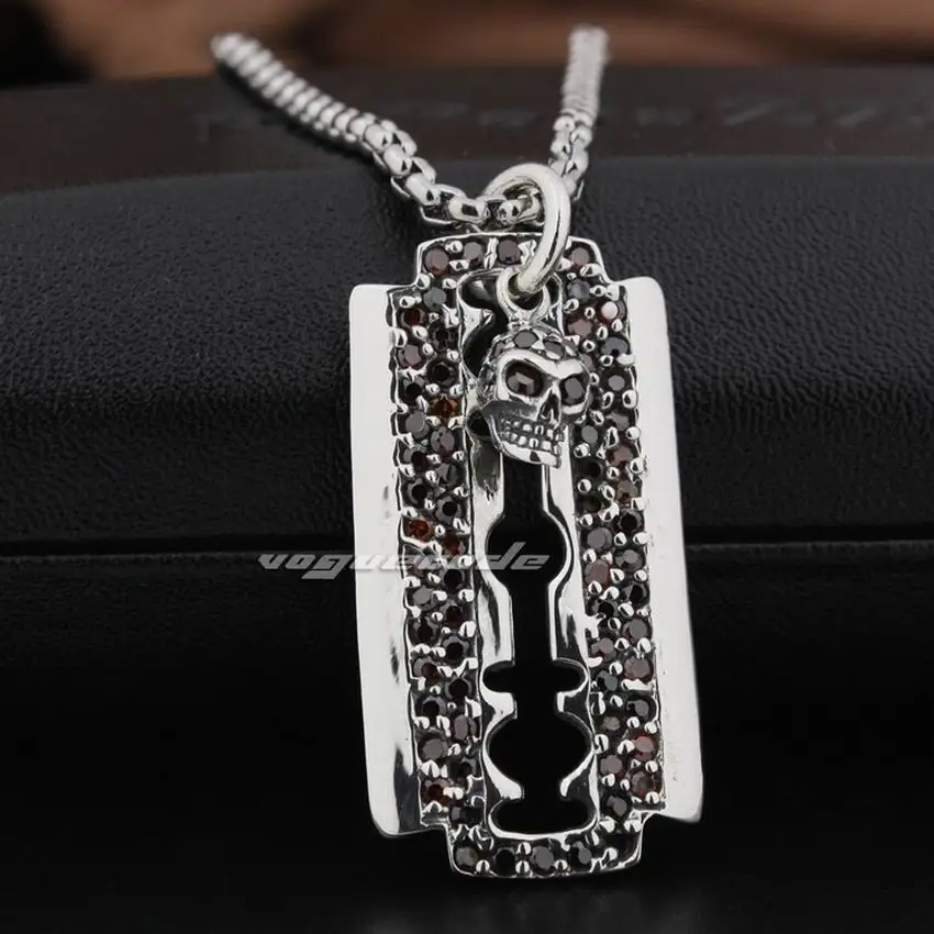 Linsion Лезвия для бритв dogtag Красный CZ Череп стерлингового серебра 925 мужские Байкер
