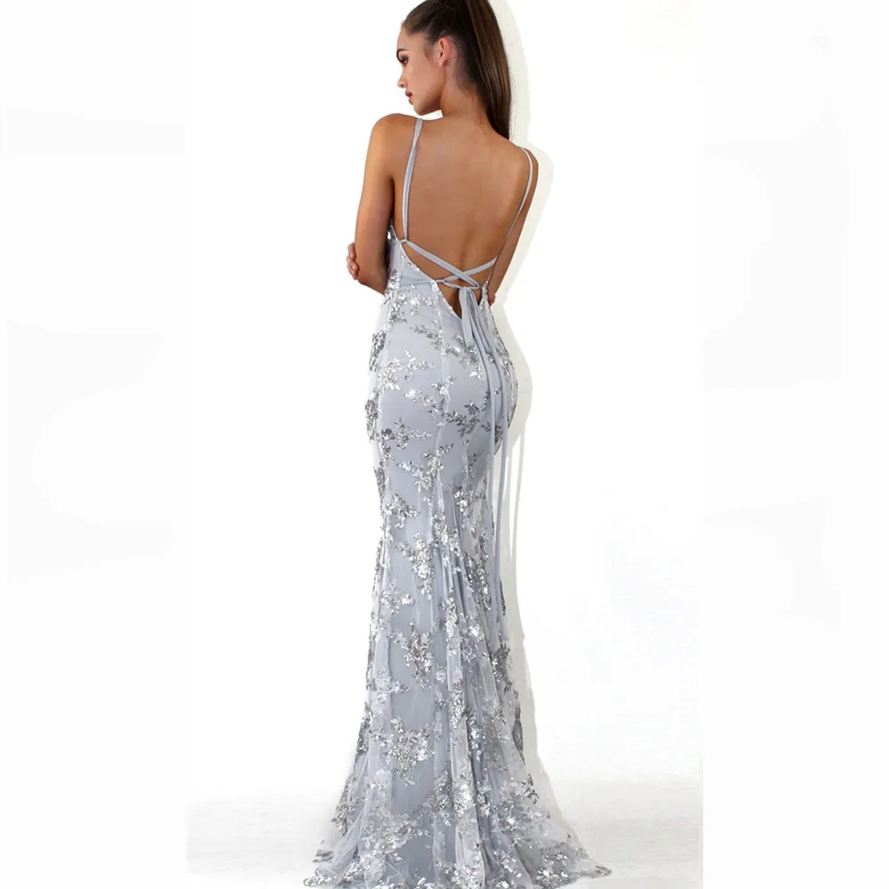 Женское кружевное платье макси с открытой спиной и глубоким v образным