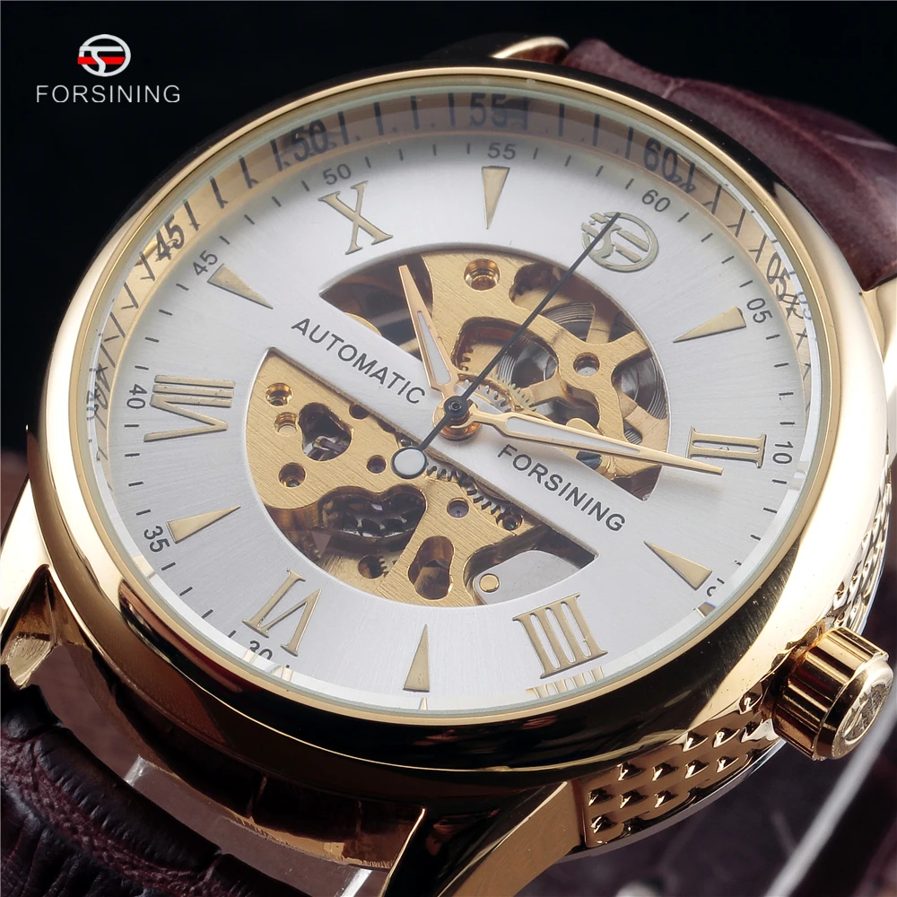 

Forsining Mechanical Skeleton Side Carving Design Automatic Wrist Watch Business Clock Gold Mens Watches Top Brand Luxury Clock